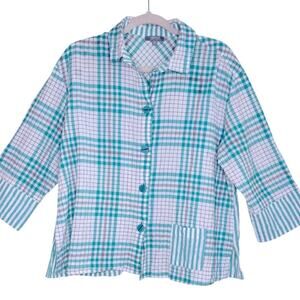 Habitat Teal and White Plaid Button-up 3/4 Sleeve Medium